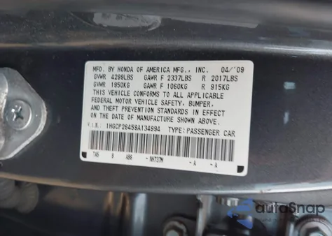 2009 Honda Accord 2.4 Lx-P from USA, damaged, VIN 1HGCP26459A134994